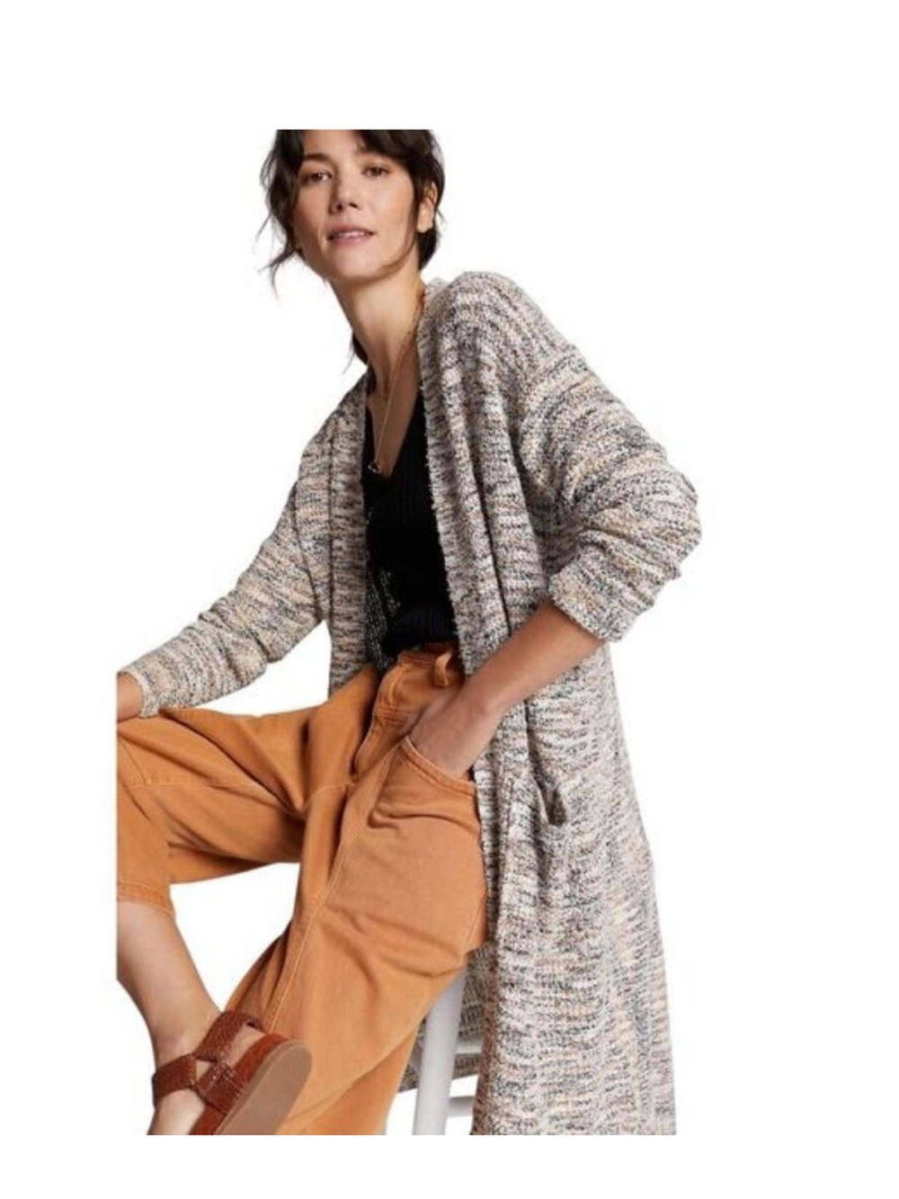 Pilcro Long Open-Front Cream Marled Cardigan Sweater Size XS
